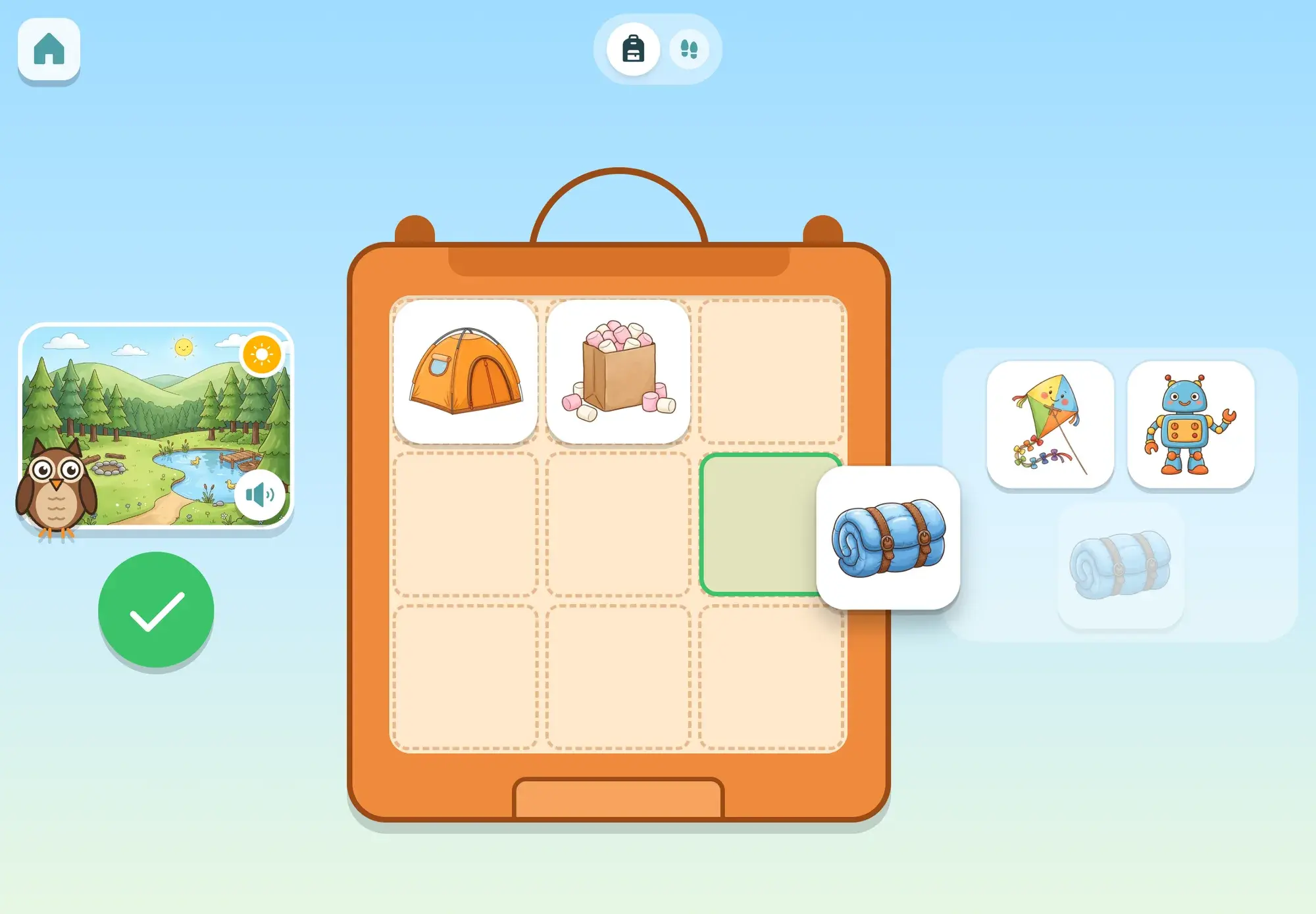Packing for a camping trip: the tent and the marshmallows are in the backpack and the sleeping bag is being dragged in, while a kite and a toy robot wait on the shelf