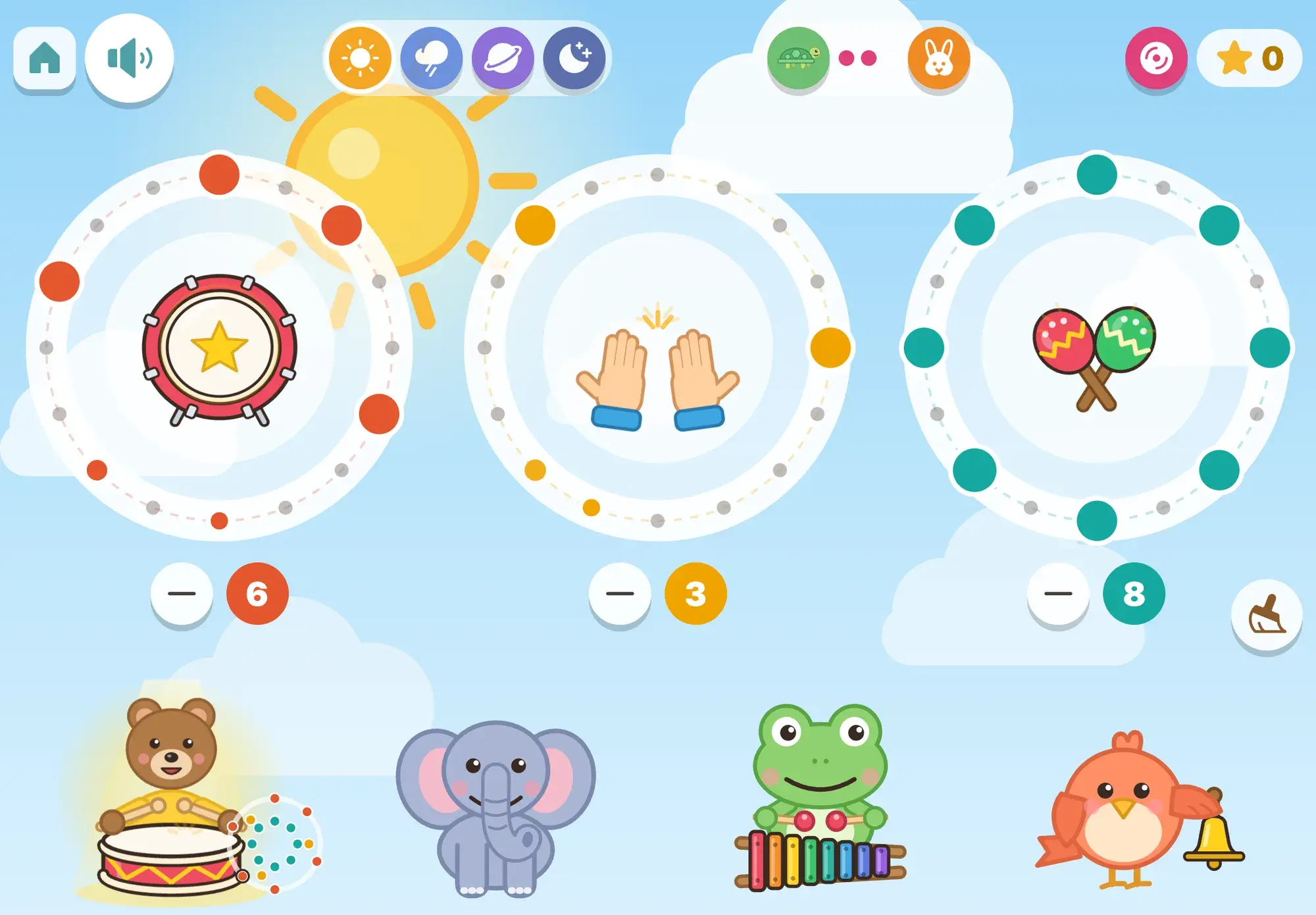 Three rhythm wheels for the big drum, the clapping hands and the maracas are set to 6, 3 and 8 beats, while the bear, elephant, frog and bird band waits below with the bear drumming