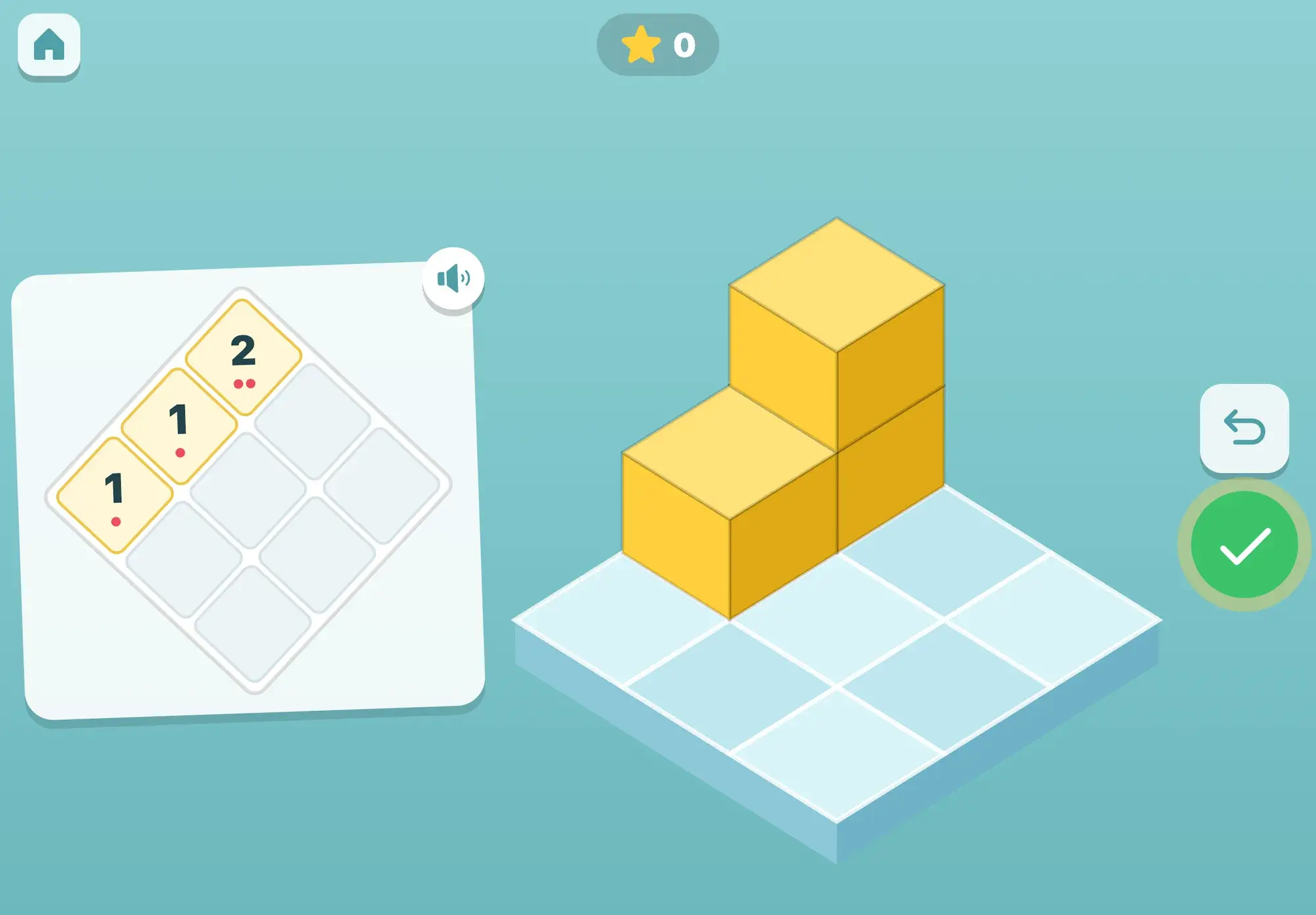 A map card asks for towers of 1, 1 and 2 blocks, and the child has built the matching yellow staircase on the 3x3 plate, with the tick ready to check it