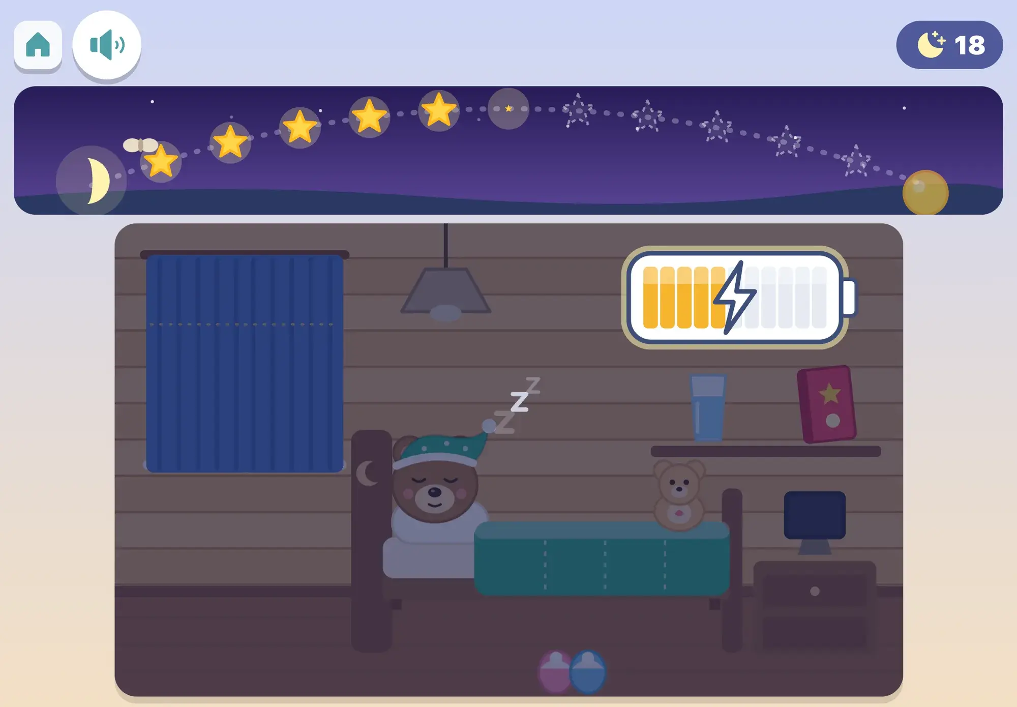 Bo sleeps in his dark cabin under a nightcap while stars light up one by one across the night sky and his battery fills halfway with yellow bars