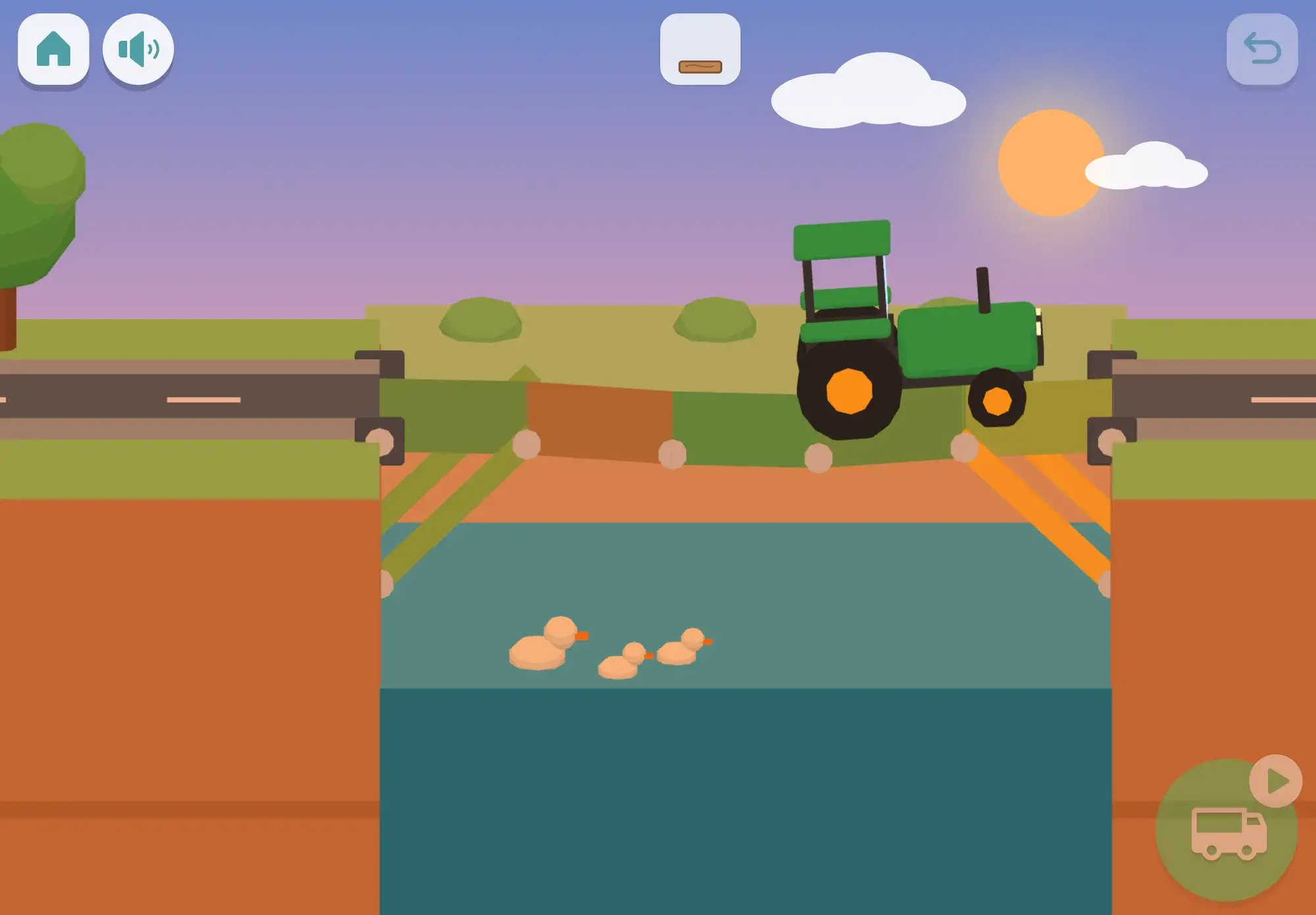 A green tractor rolls over a wooden truss bridge at sunset while three ducks swim in the river below