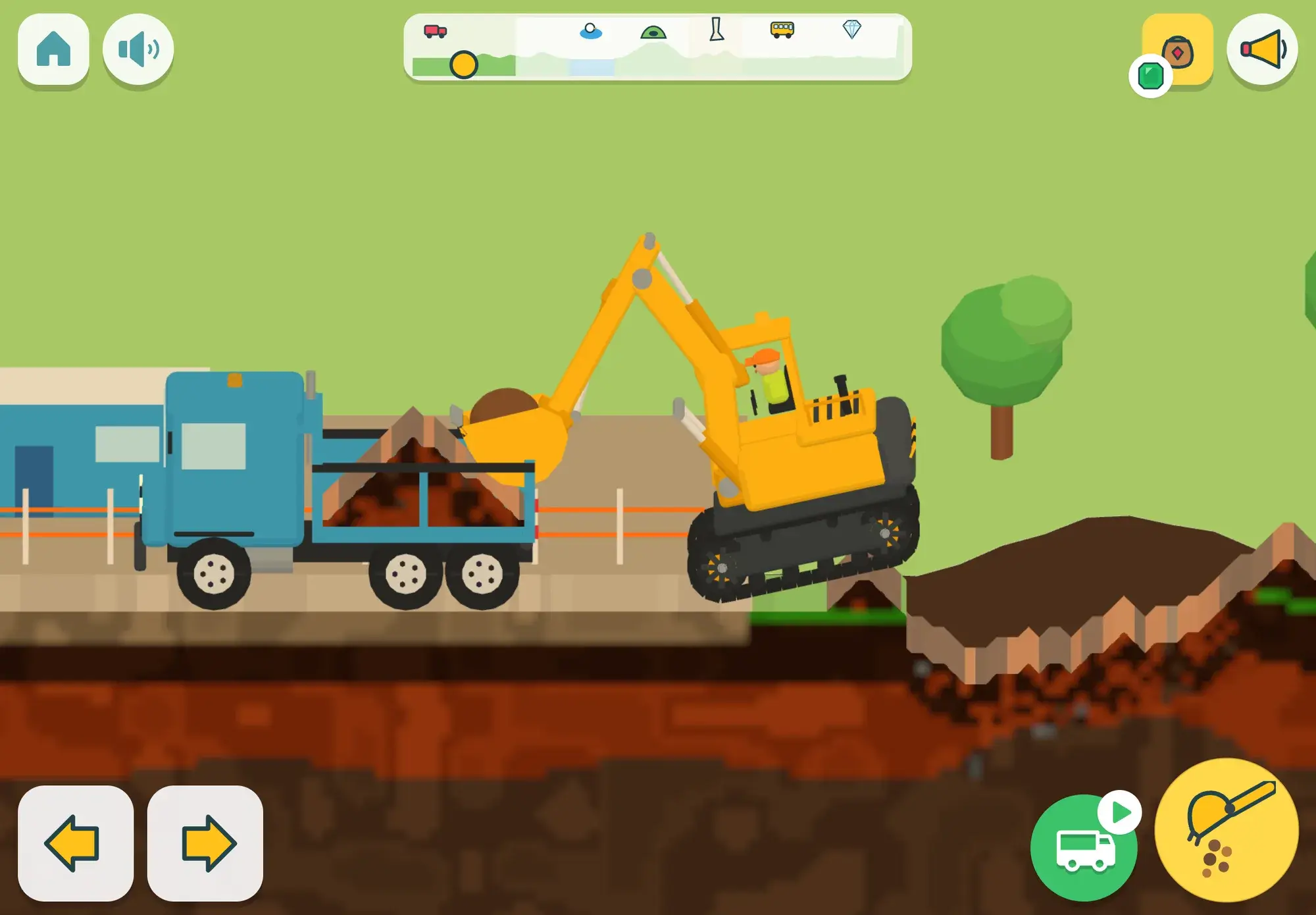 The yellow digger, its driver in an orange hard hat, holds a bucket of earth over a blue dump truck already heaped with soil, next to a freshly dug pit