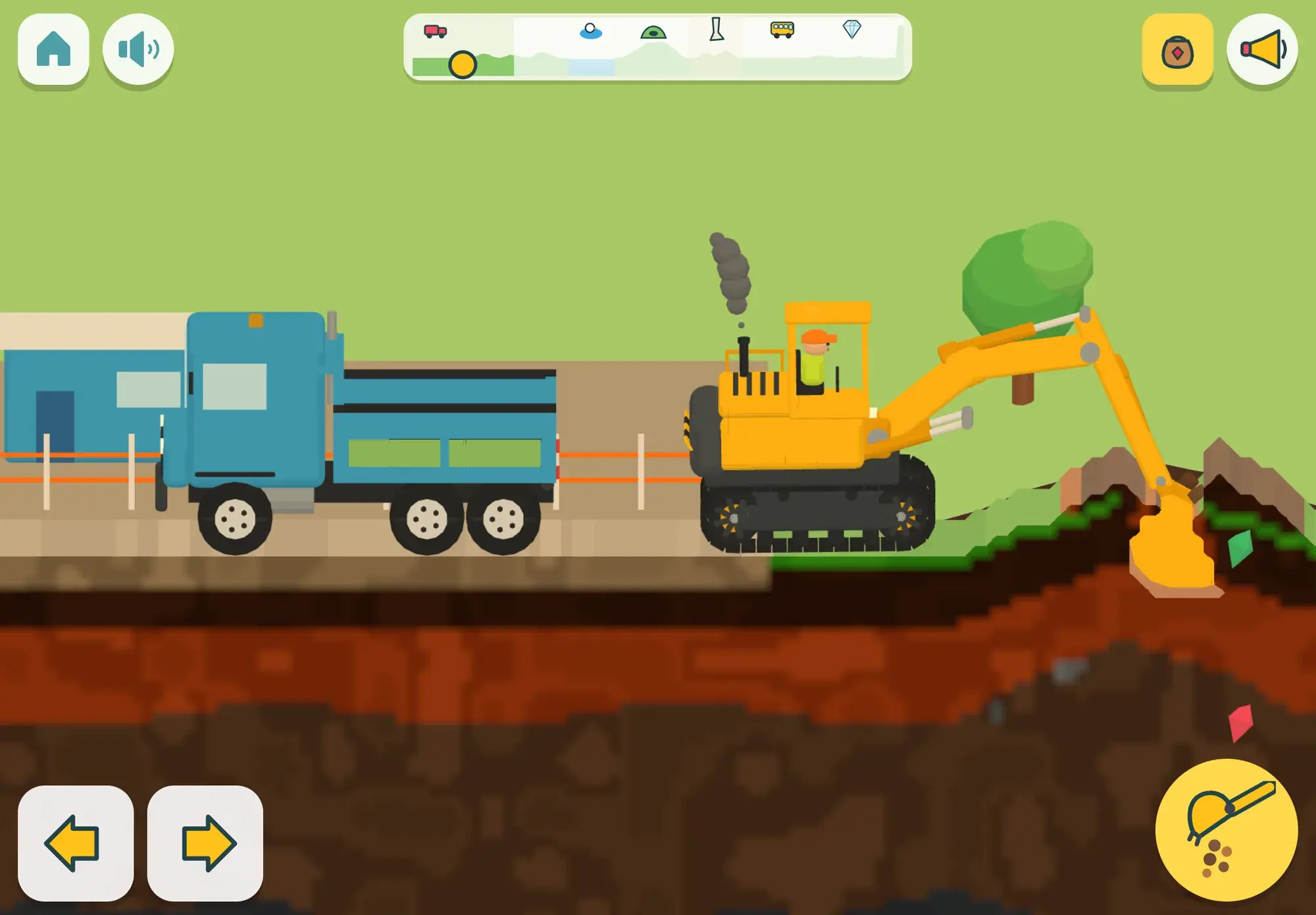 The digger puffs smoke as its bucket bites into the grassy hill, with gems hidden in the soil layers below and the empty truck waiting by the yard