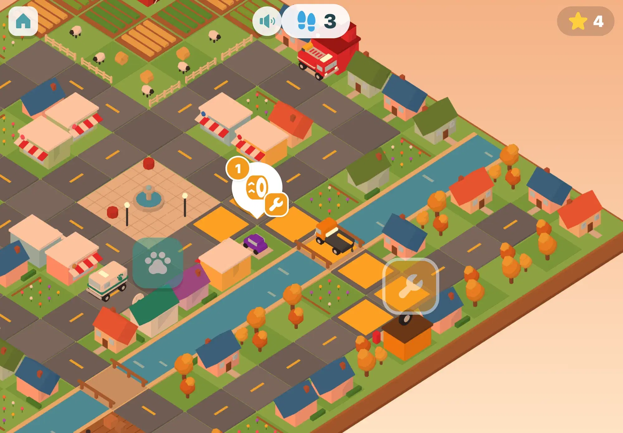 In an autumn town the orange tow truck drives the road the child drew in orange squares, across a bridge toward a friend with a flat tyre