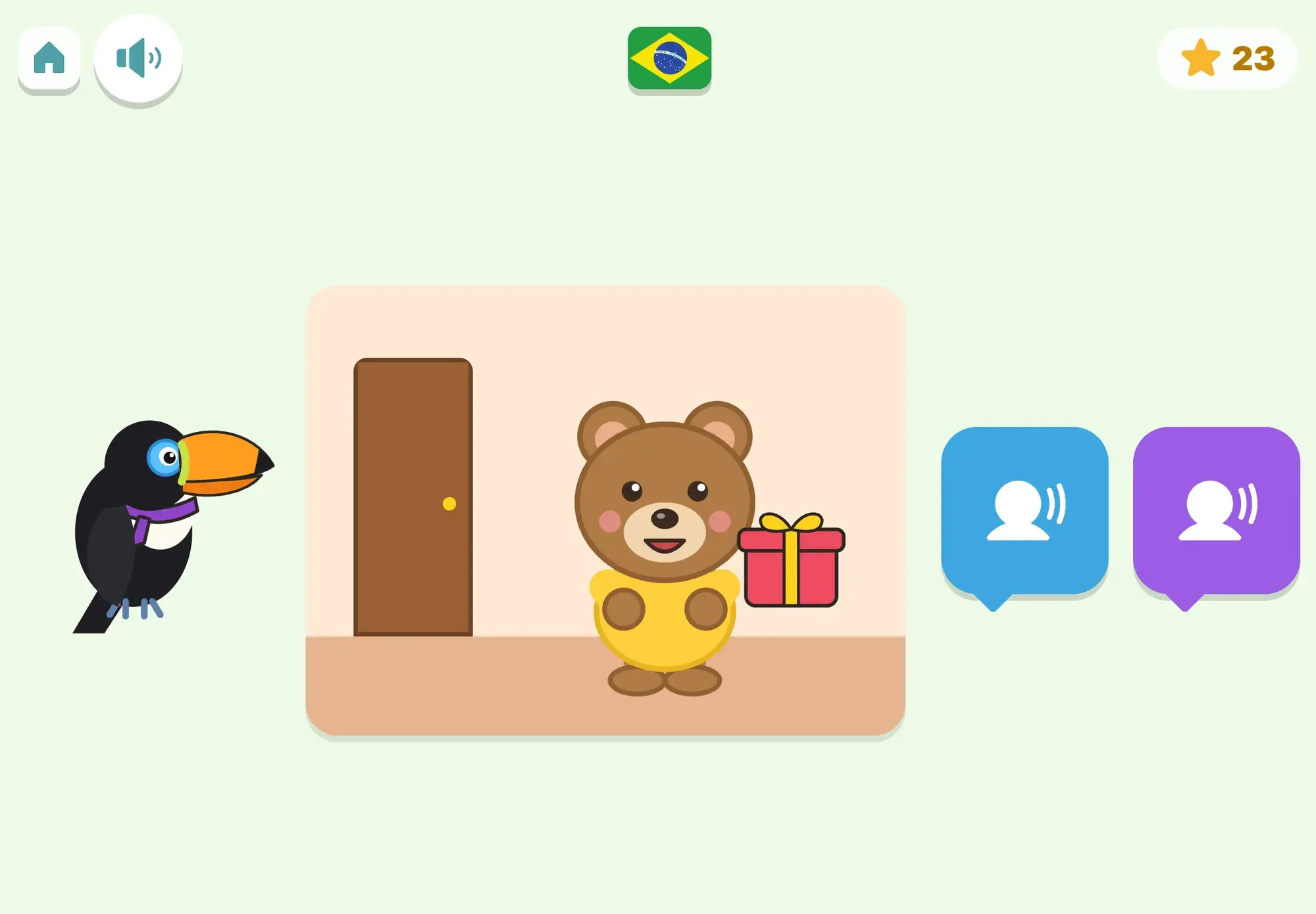 Tuca watches Bo arrive at a door with a red present, and two speech-bubble buttons offer the Portuguese greetings to choose from