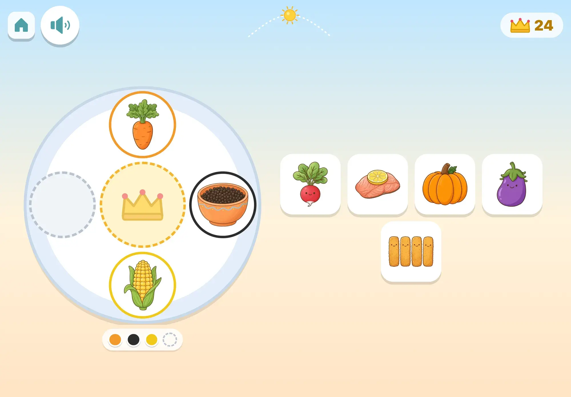 A rainbow lunch plate already holds a carrot, corn and a bowl of black beans around the crown spot, with radish, salmon, pumpkin, aubergine and fish fingers waiting to fill the last colour