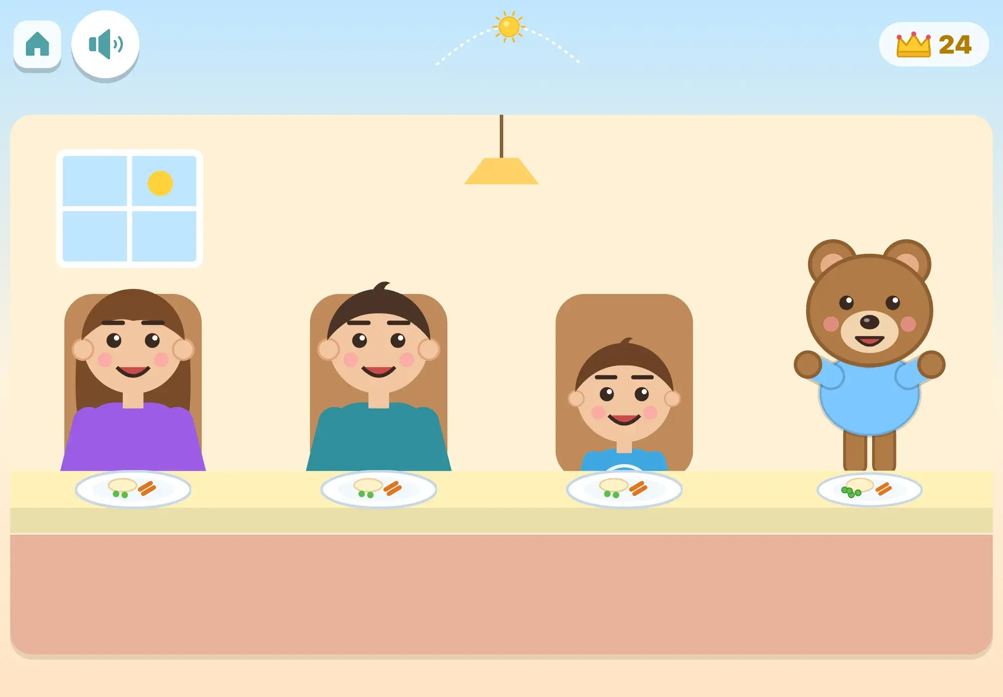 Mum, Dad and the child sit at the family table with their dinner plates while Bo the bear stands up from his seat, waiting for the child to remind him to stay seated