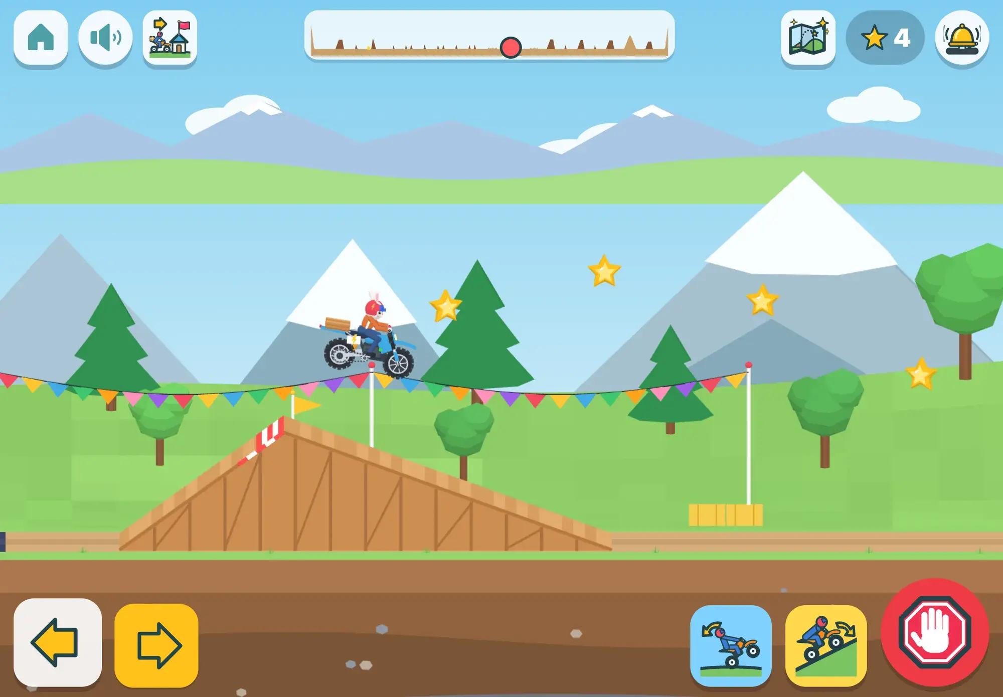 A bunny on a blue e-bike flies off a wooden ramp in the stunt park, with gold stars to catch in the air
