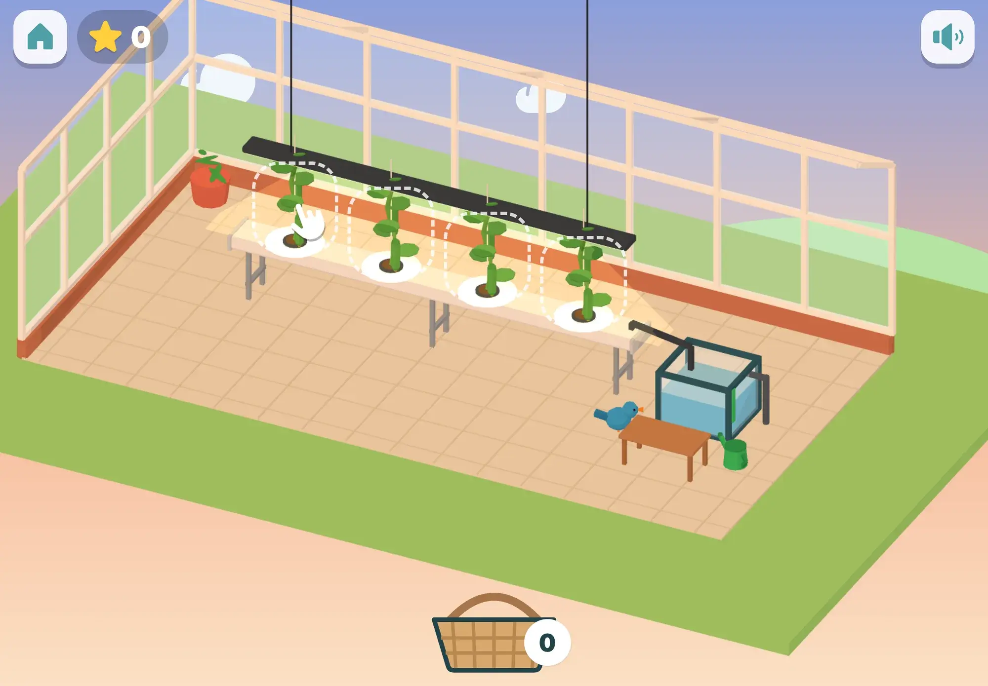 Four leafy plants have grown tall under the grow lamp in a 3D greenhouse, with a guide hand showing where to tap to pick them and an empty basket waiting below