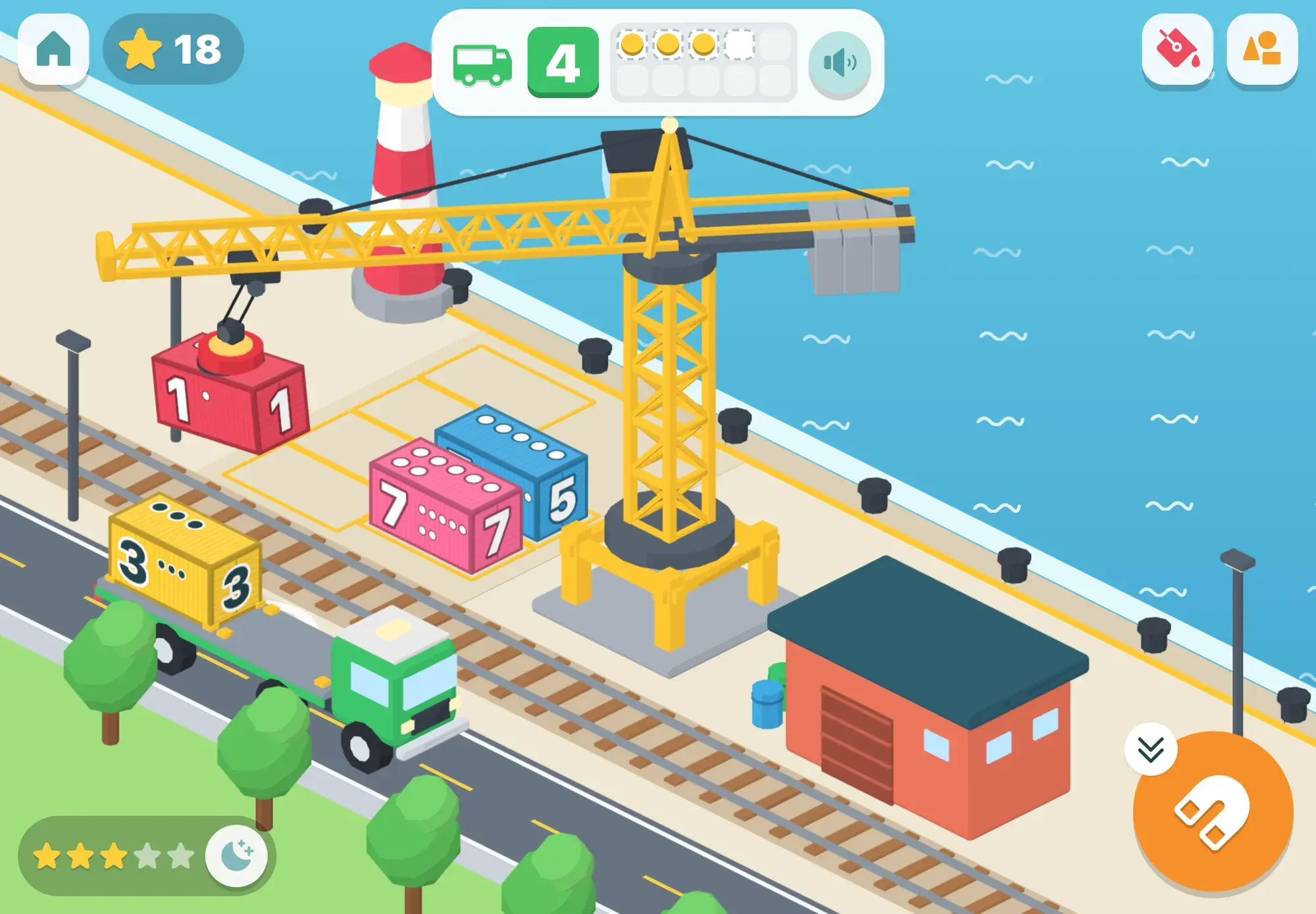 The yellow crane lowers a red container marked 1 onto a green truck already carrying a 3, and the order board asks for 4