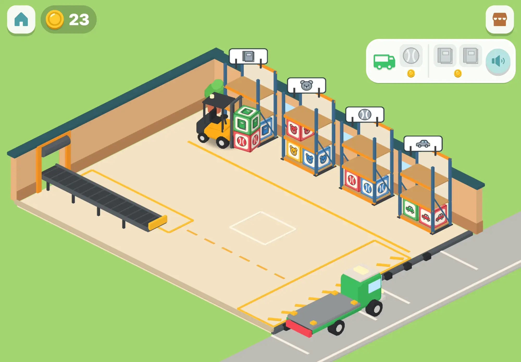 The yellow forklift carries a green book box stacked on a red ball box away from the shelves, while the order board shows the green truck still wants a ball and two books