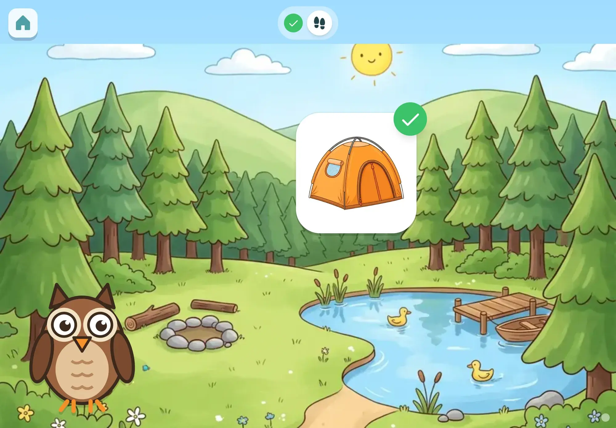 On the trip, the owl stands by a forest lake and a campfire ring as the packed tent pops up with a green tick