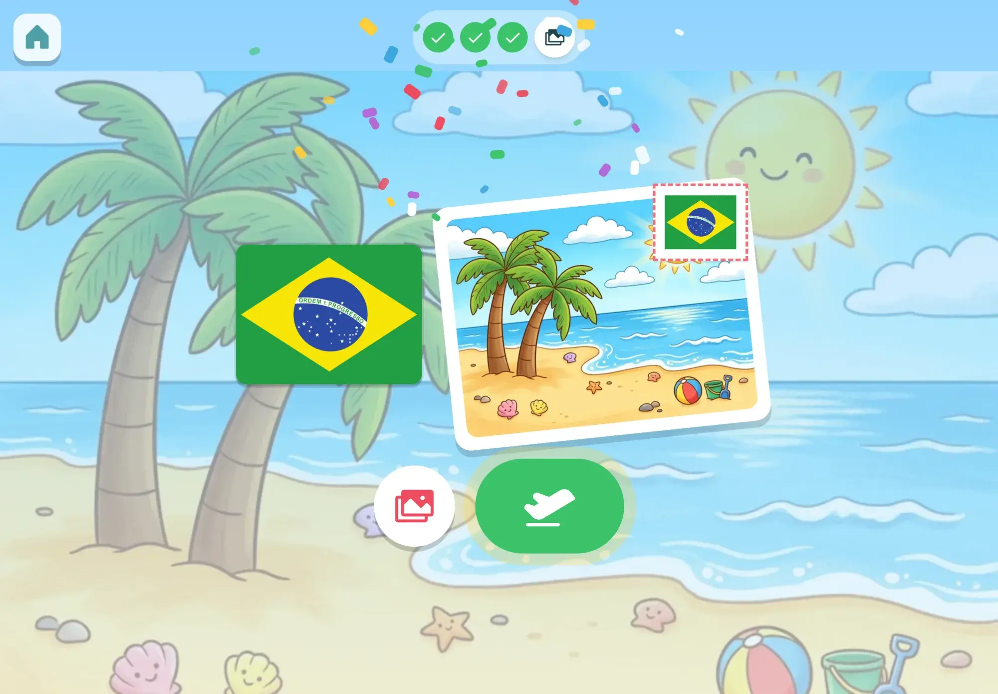 Landing in Brazil: the Brazilian flag and a beach postcard with palm trees and a flag stamp sit on a sunny beach scene, with confetti falling