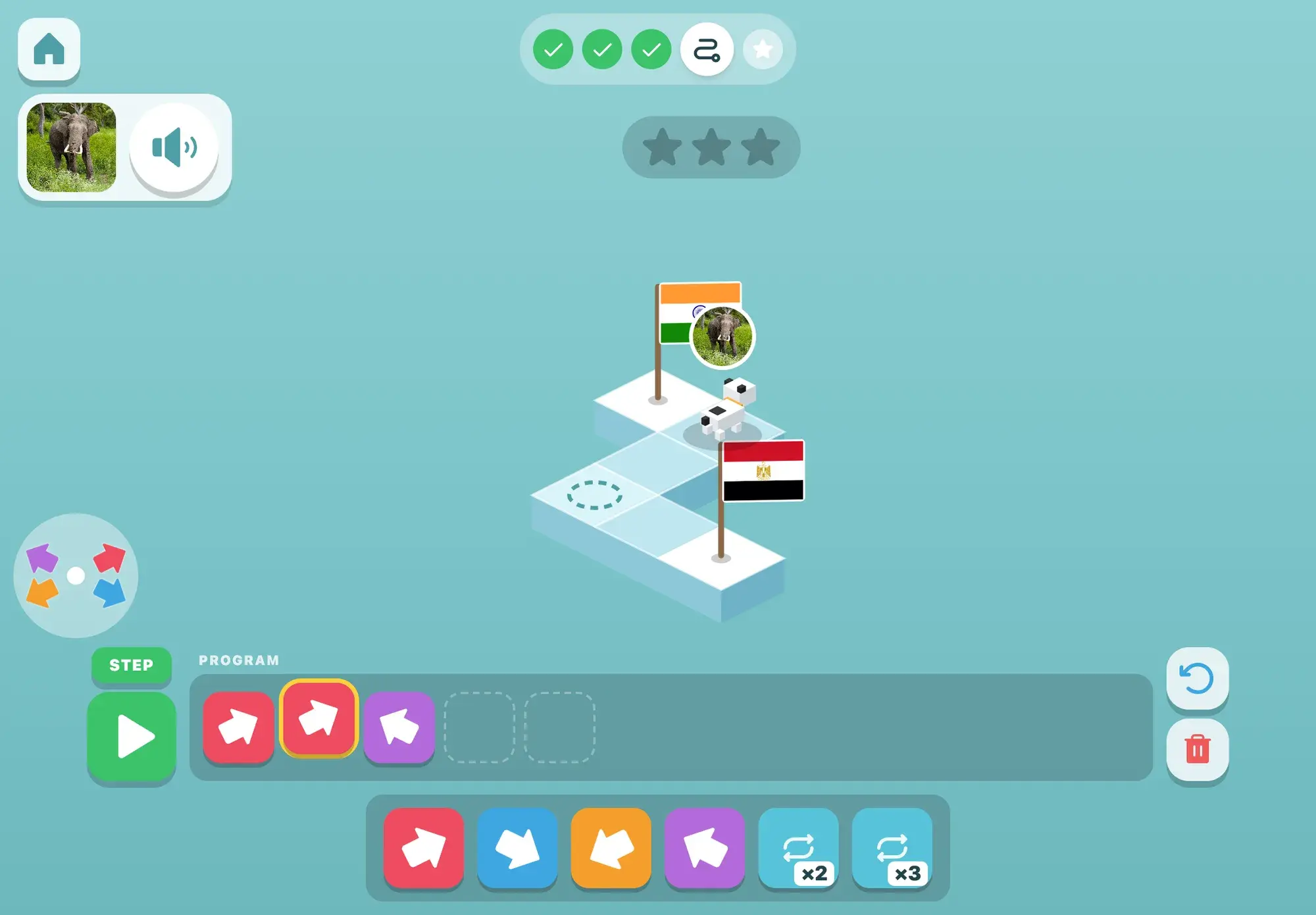 A road-trip puzzle: the puppy follows three arrow blocks from Egypt's flag toward India's, with an elephant photo as the clue