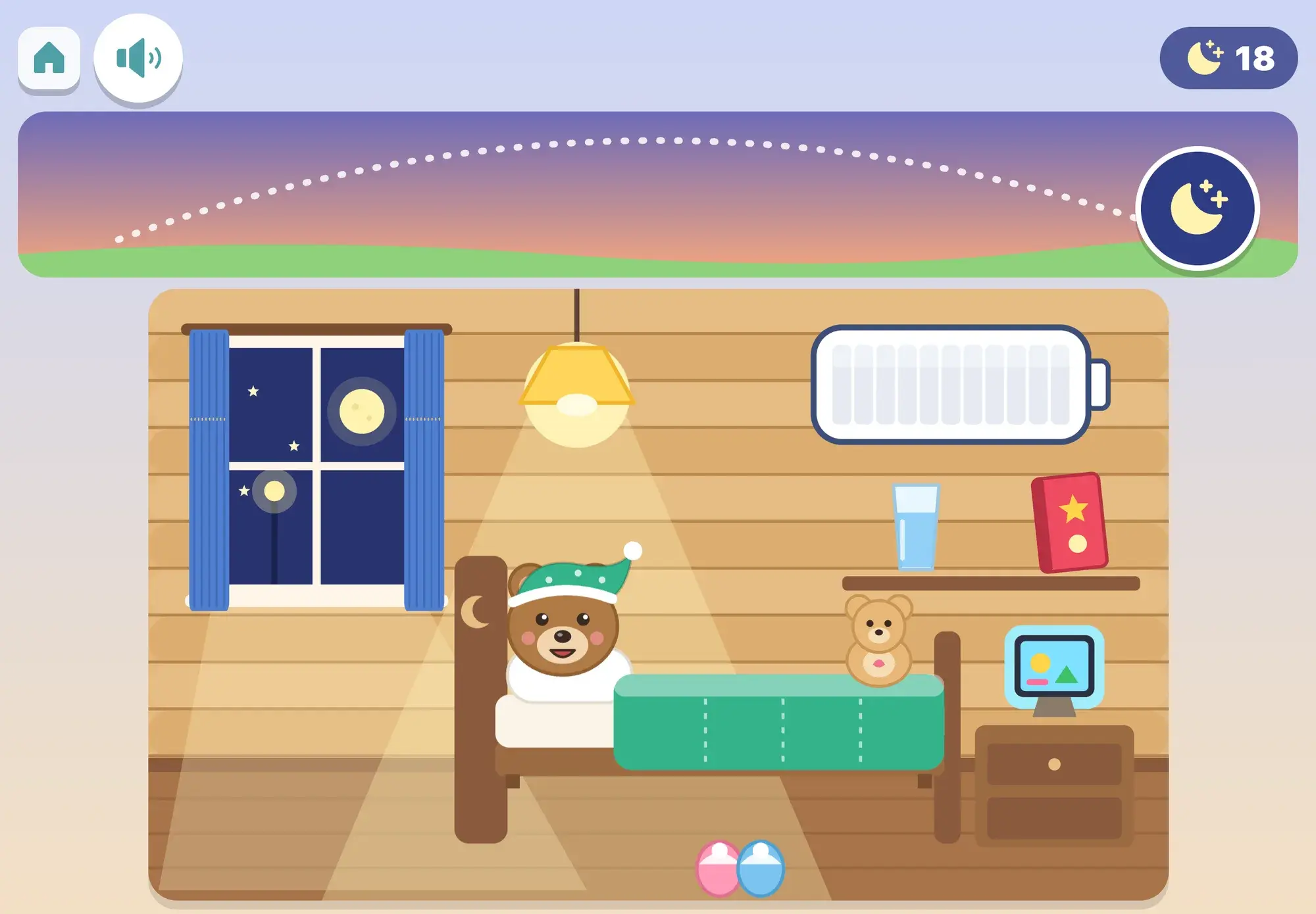 Bedtime in Bo's cabin: the ceiling lamp is still on, the curtains are open and a tablet glows on the bedside table, all waiting to be put right before the moon button