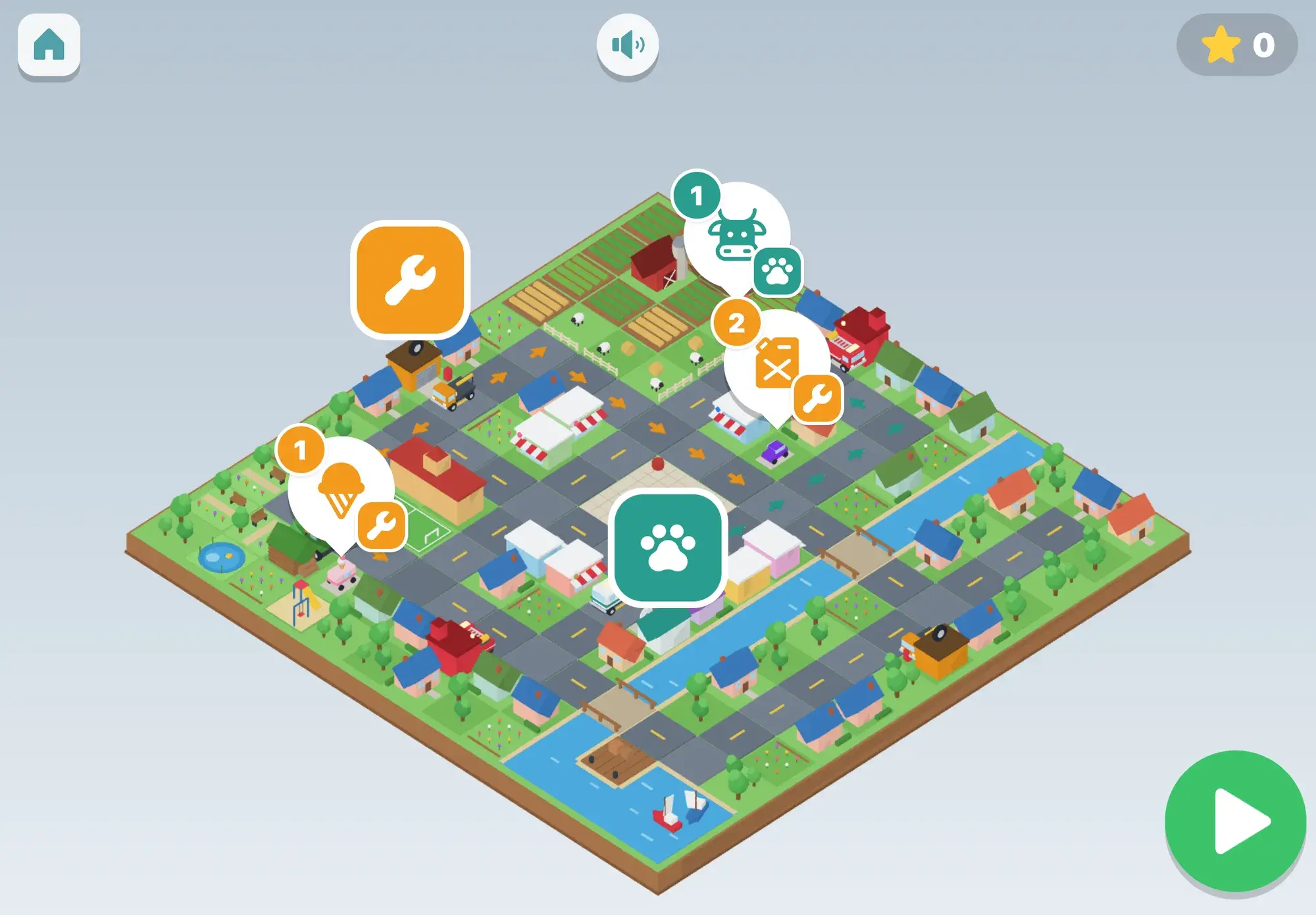 The whole island town from above, with numbered job bubbles (a cow, an empty fuel can, a dropped ice cream) each given a helper: the vet's paw or the mechanic's wrench