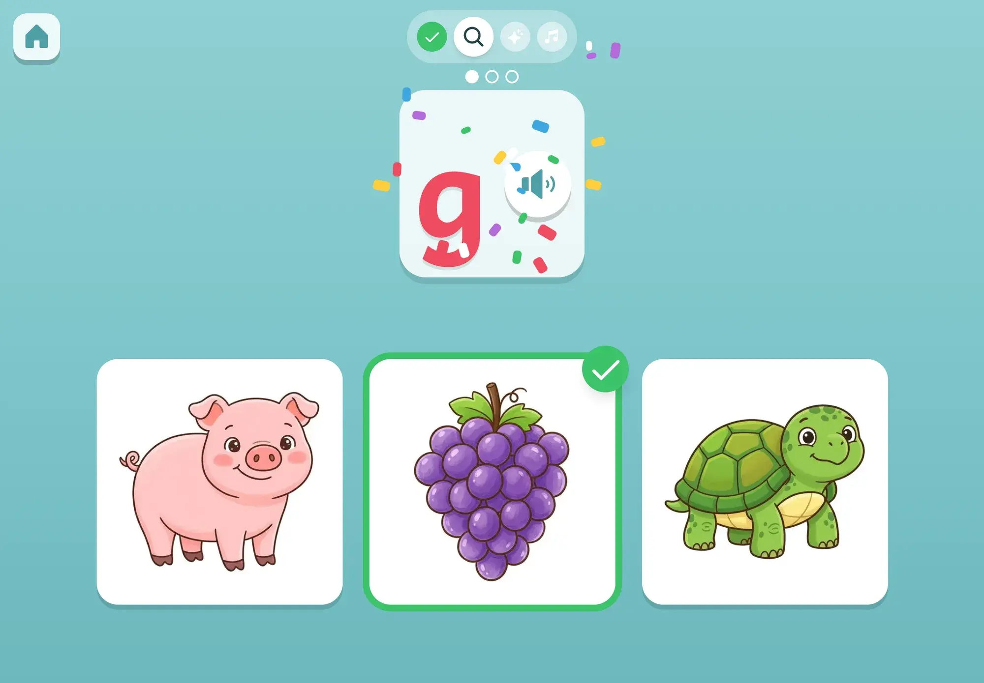 Confetti bursts round a big red letter g as the grapes card gets a green tick, chosen over a pig and a turtle as the picture that starts with the g sound