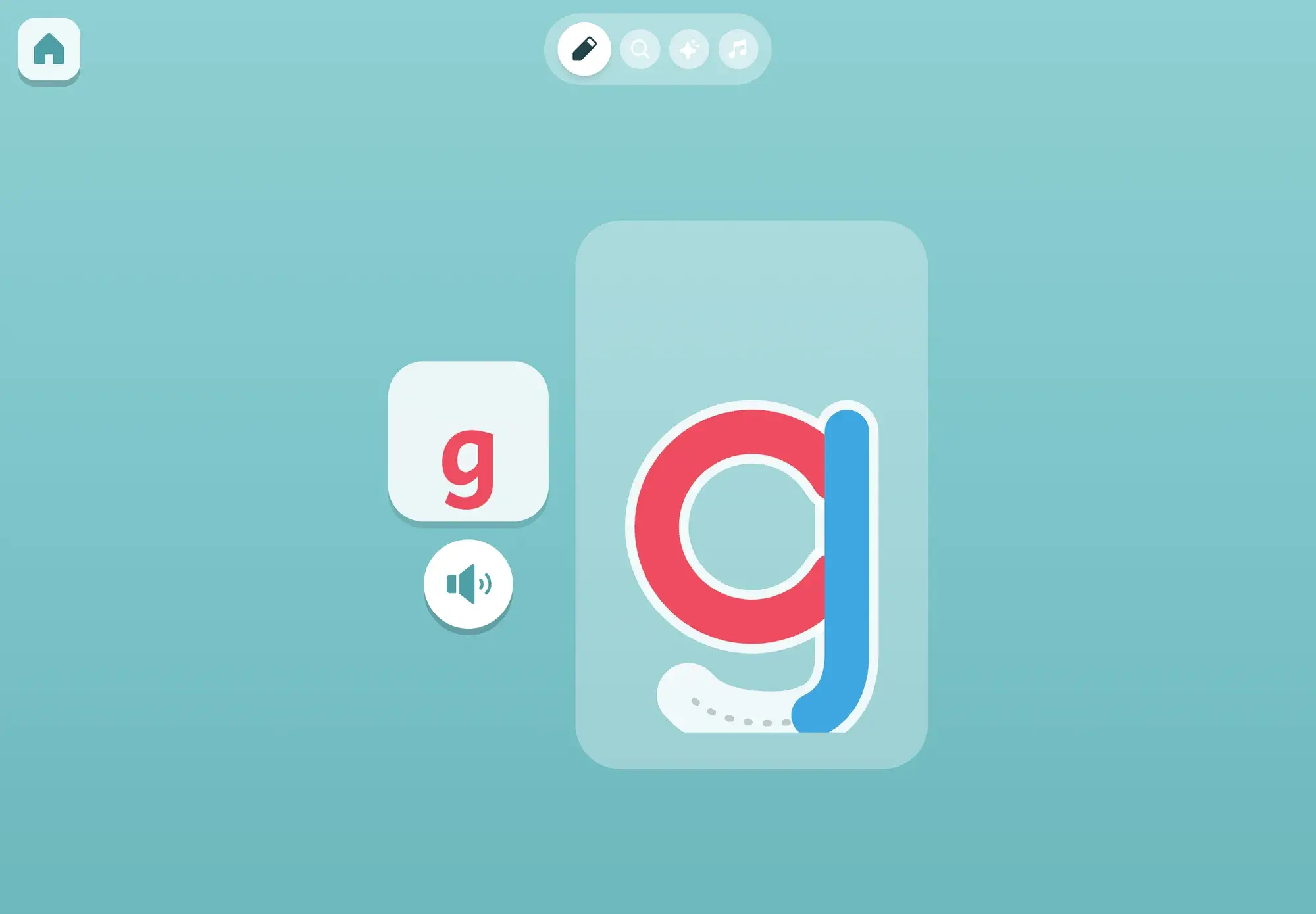 A lowercase g traced by finger: the red round part and the blue down stroke are done, and a dotted guide shows where the tail still goes