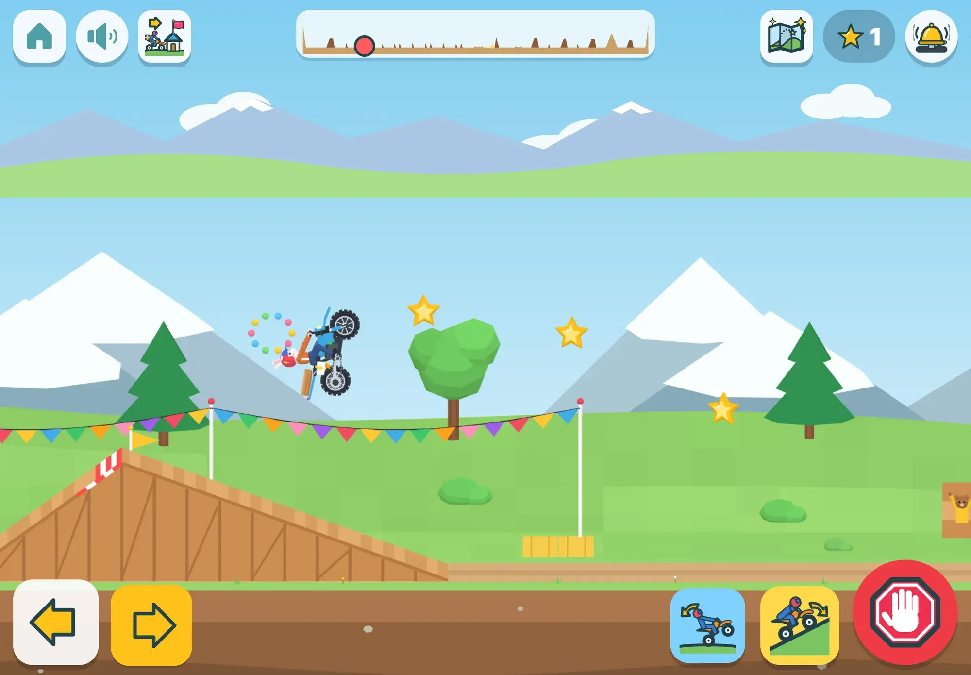 The e-bike turns a backflip high above the bunting between two snowy mountains in the stunt park