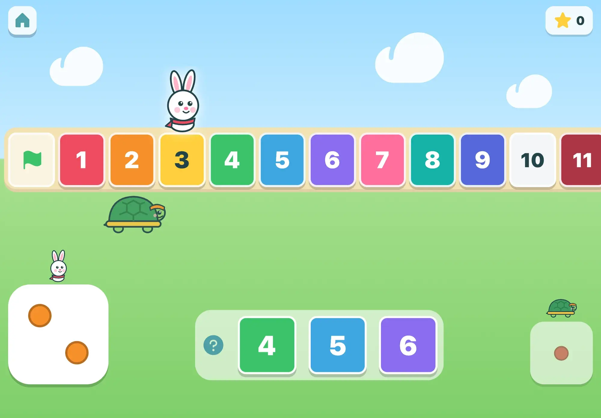 The bunny sits on square 3 of a colourful 1-to-20 number track ahead of the turtle, the dice shows two dots, and the child picks where the bunny lands from 4, 5 or 6