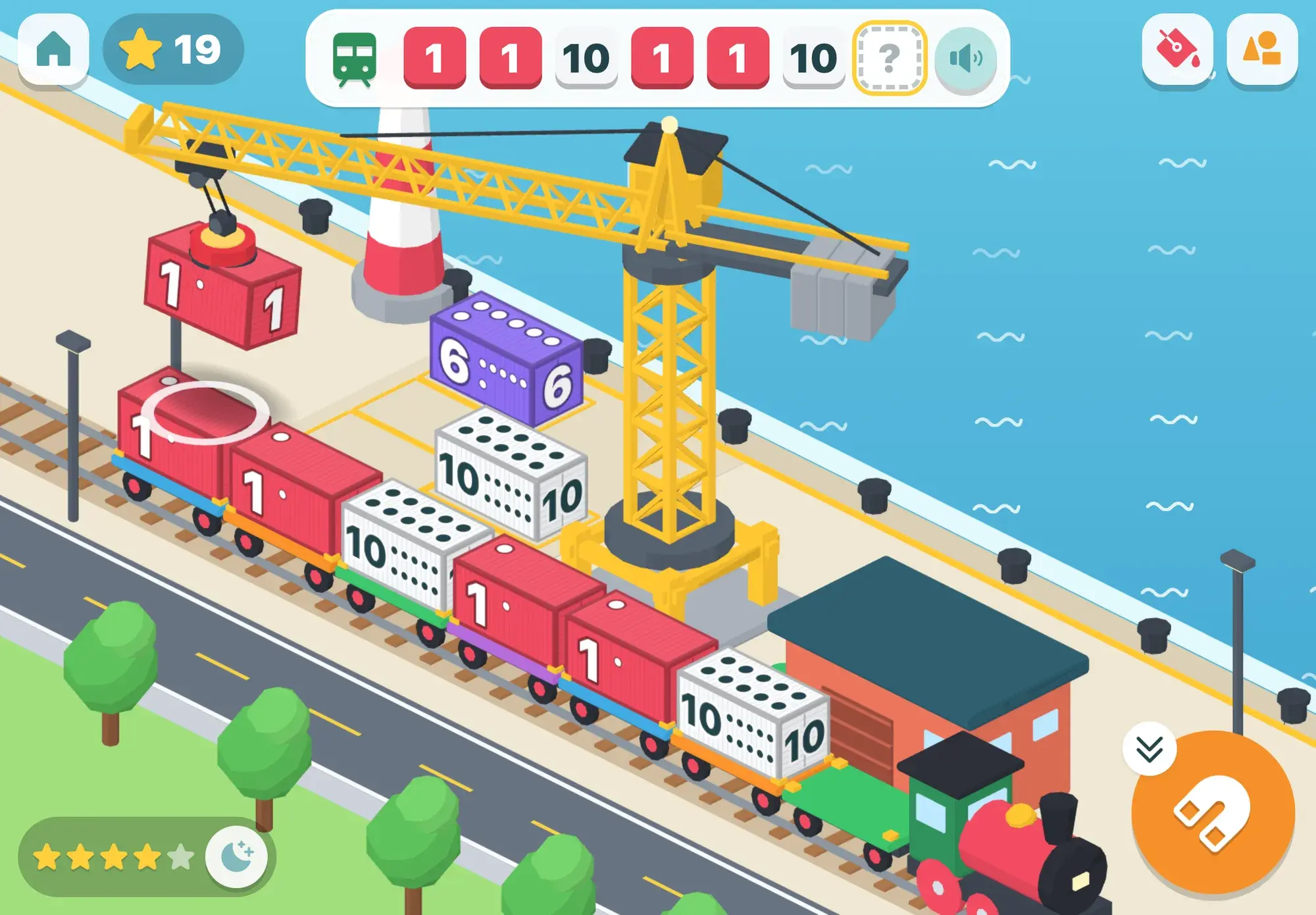 The crane carries a red 1 to the last gap of a train whose wagons read 1, 1, 10, 1, 1, 10 and a question mark
