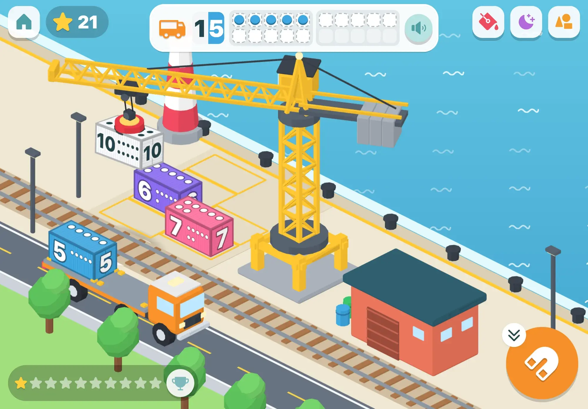 The crane swings a white 10 container toward an orange truck carrying a 5, under a board that asks for 15