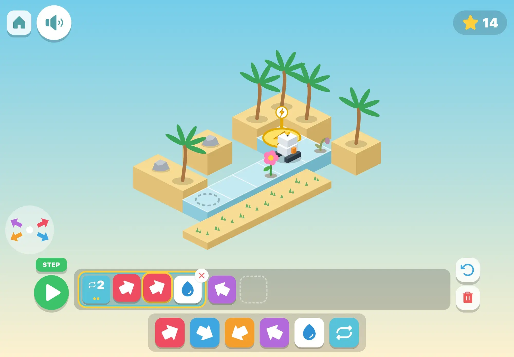 Beep rolls along a beach road past a flower it has just watered while a repeat-twice block with two arrows and a water drop lights up