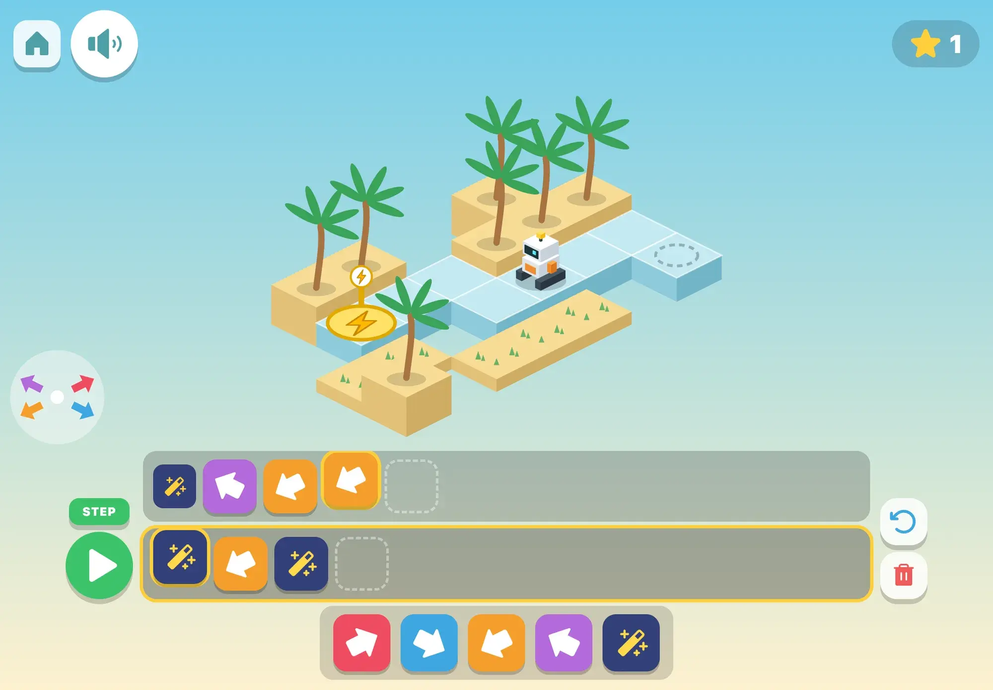 A magic wand block runs its own strip of three arrows as Beep drives across a sandy island toward its yellow charger