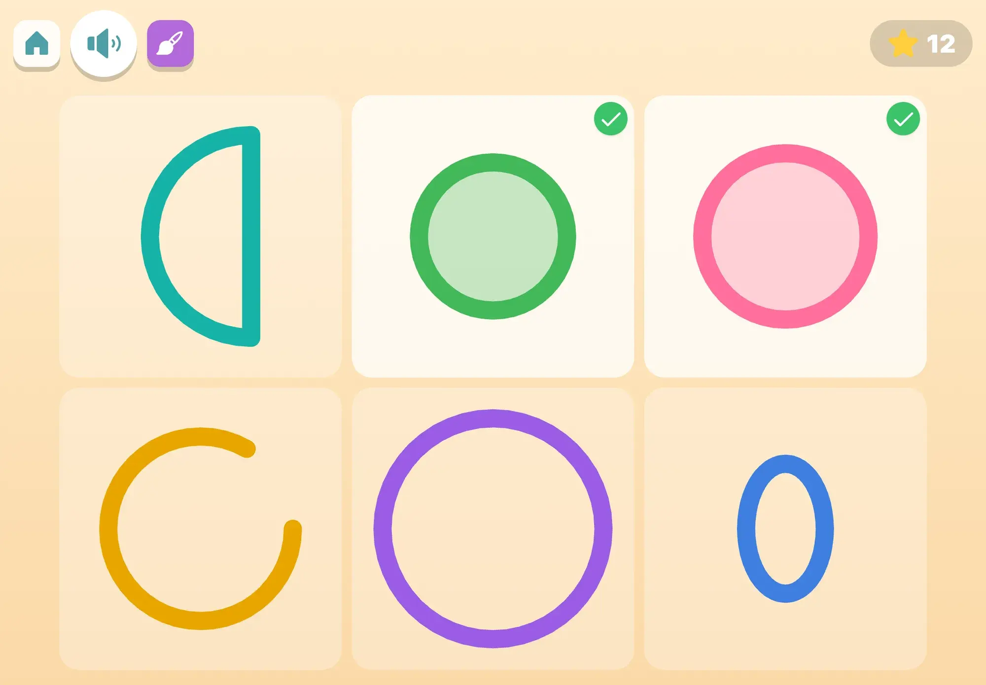 Shape detective: of six outlines (a half circle, a broken ring, an oval, two circles and a big purple ring), the green and pink circles already have a tick