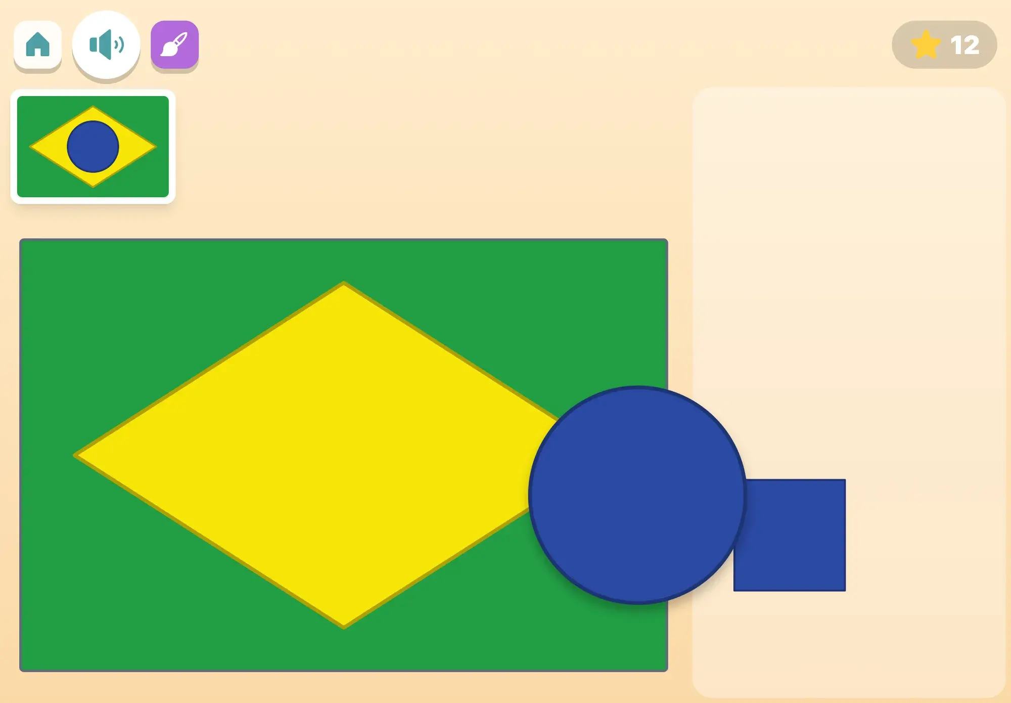 Building Brazil's flag from shapes: the yellow diamond sits on the green field and the big blue circle is on its way to the middle, with the finished flag as a guide in the corner