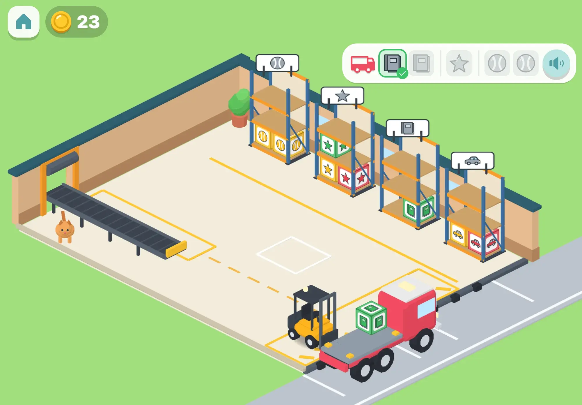 The forklift sets a green book box onto the red truck's flatbed and the order board ticks off the first book, while a ginger cat sits by the conveyor belt