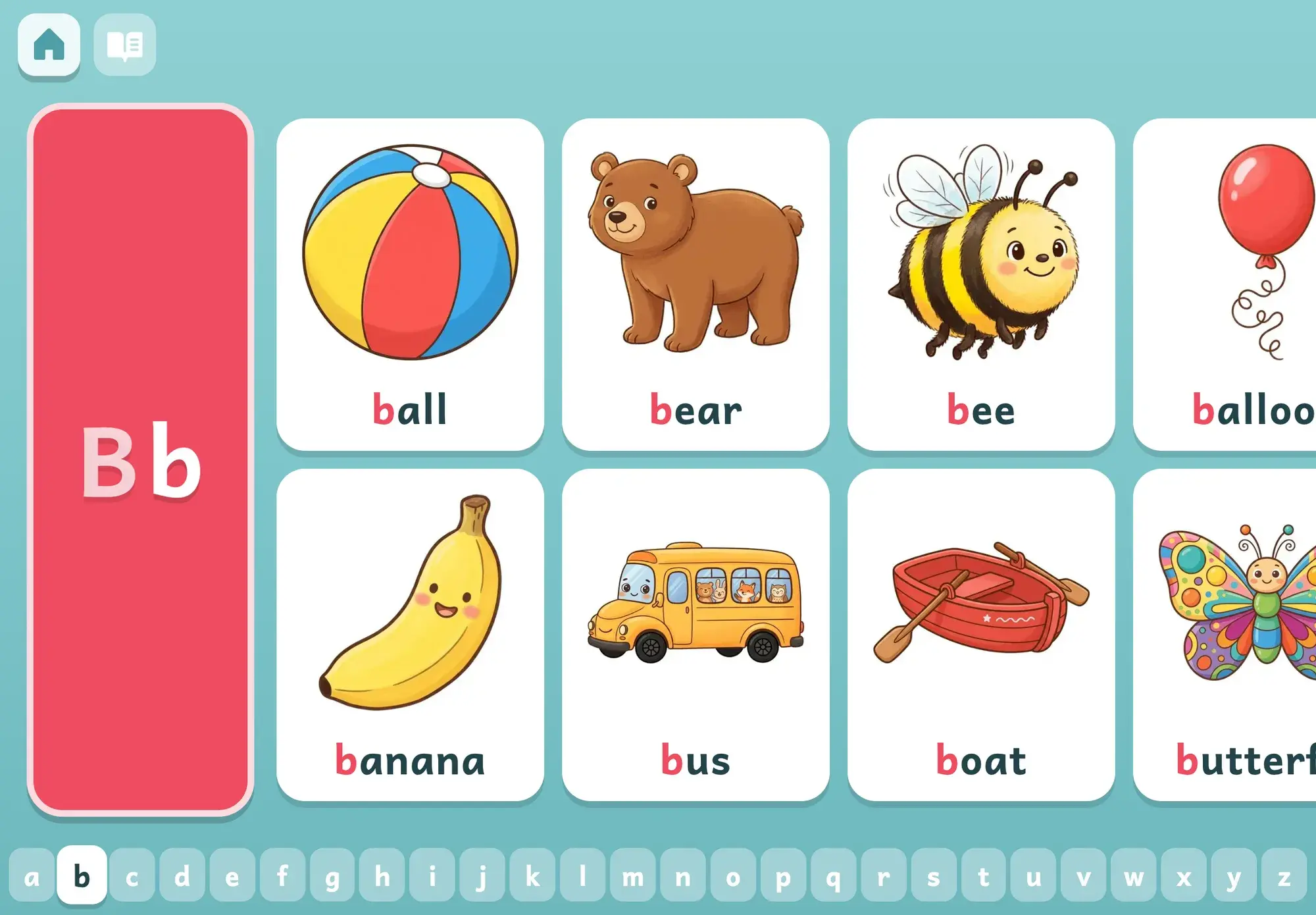 The picture word book open at Bb, with a beach ball, bear, bee, balloon, banana, school bus, rowing boat and butterfly, each word's b in red, above an a-to-z strip