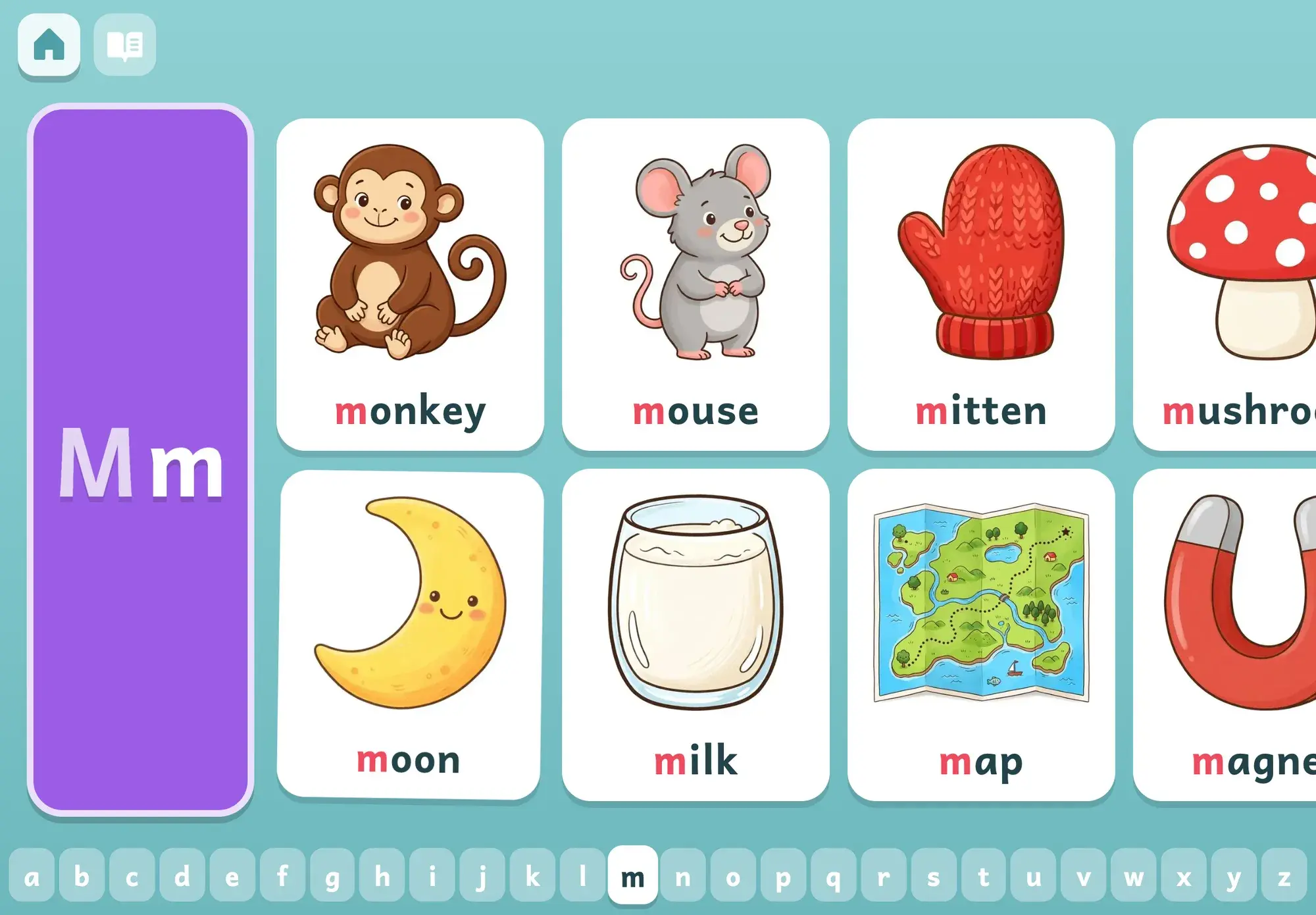 The Mm page with a monkey, mouse, mitten, mushroom, smiling moon, glass of milk, treasure map and magnet
